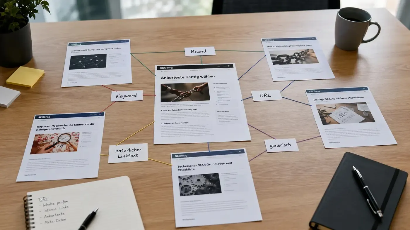 Gedruckte Seiten auf einem Tisch, mit Fäden zu Ankertext-Typen wie Brand, Keyword, URL und generisch verbunden
