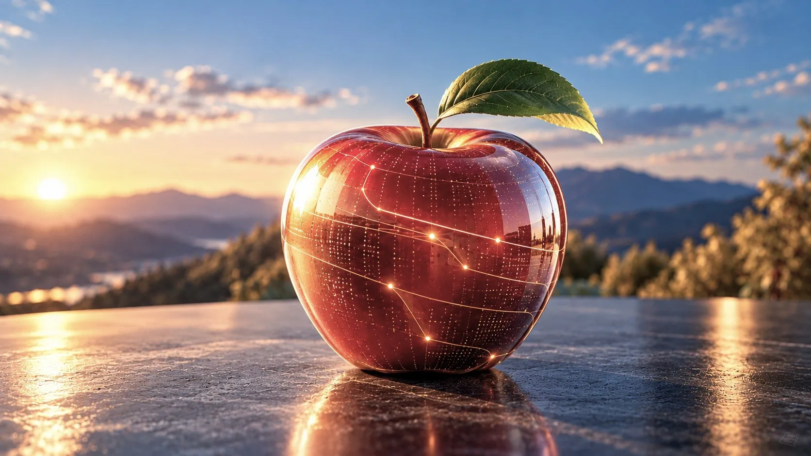 Ein glänzender roter Apfel mit grünem Blatt, über dessen Schale goldene Lichtlinien wie Leiterbahnen laufen, steht auf einer spiegelnden Tischplatte vor einem Sonnenuntergang über Bergen und einem bewaldeten Tal.