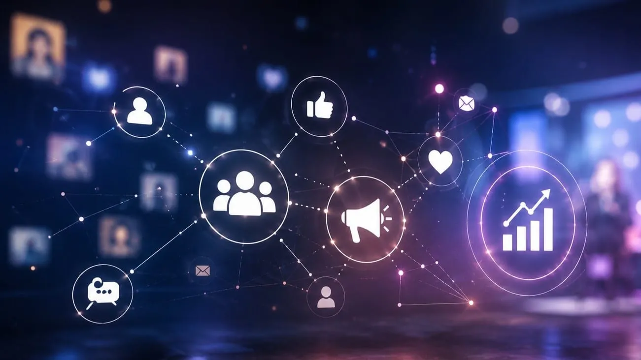 Illustration zum B2B-Influencer-Marketing: eine Fachexpertin mit Reichweiten- und Sprechsymbolen, verbunden mit Zeichen für Vertrauen, Netzwerk und digitale Sichtbarkeit.