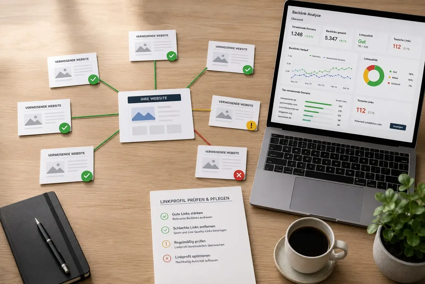 Linkprofil rund um die eigene Website mit guten und schädlichen Verweisen, Backlink-Analyse-Dashboard und Checkliste
