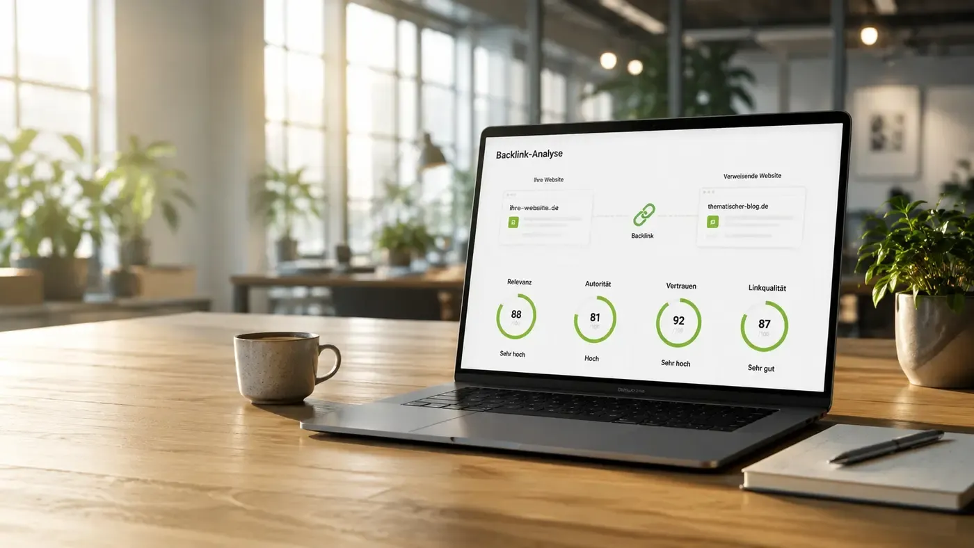 Laptop zeigt eine Backlink-Analyse mit Bewertungen zu Relevanz, Autorität, Vertrauen und Linkqualität