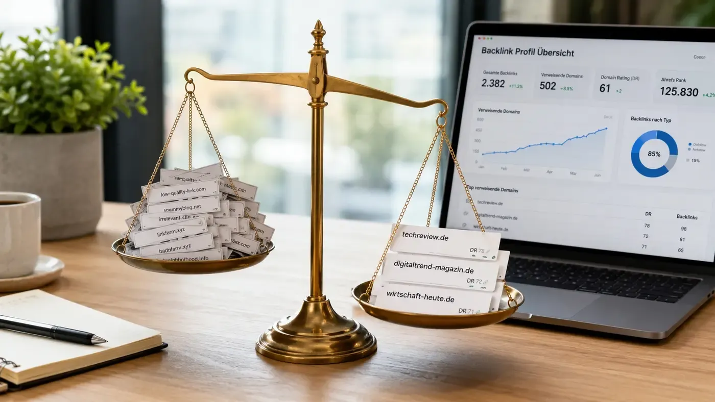 Waage wiegt viele minderwertige Backlinks gegen wenige hochwertige Links ab, daneben ein Backlink-Profil-Dashboard