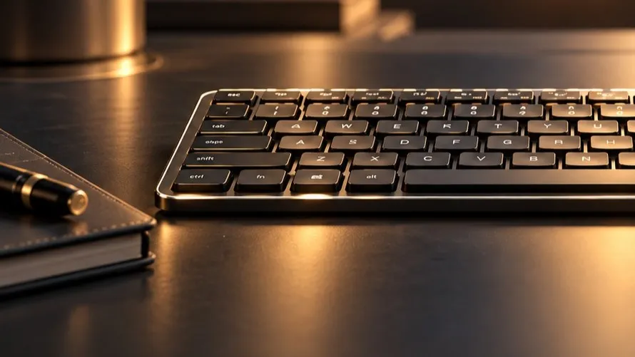 Flache dunkle Tastatur auf einem dunklen Schreibtisch im warmen Licht, links daneben ein Notizbuch mit Ledereinband und ein schwarzer Füller mit goldenen Ringen.