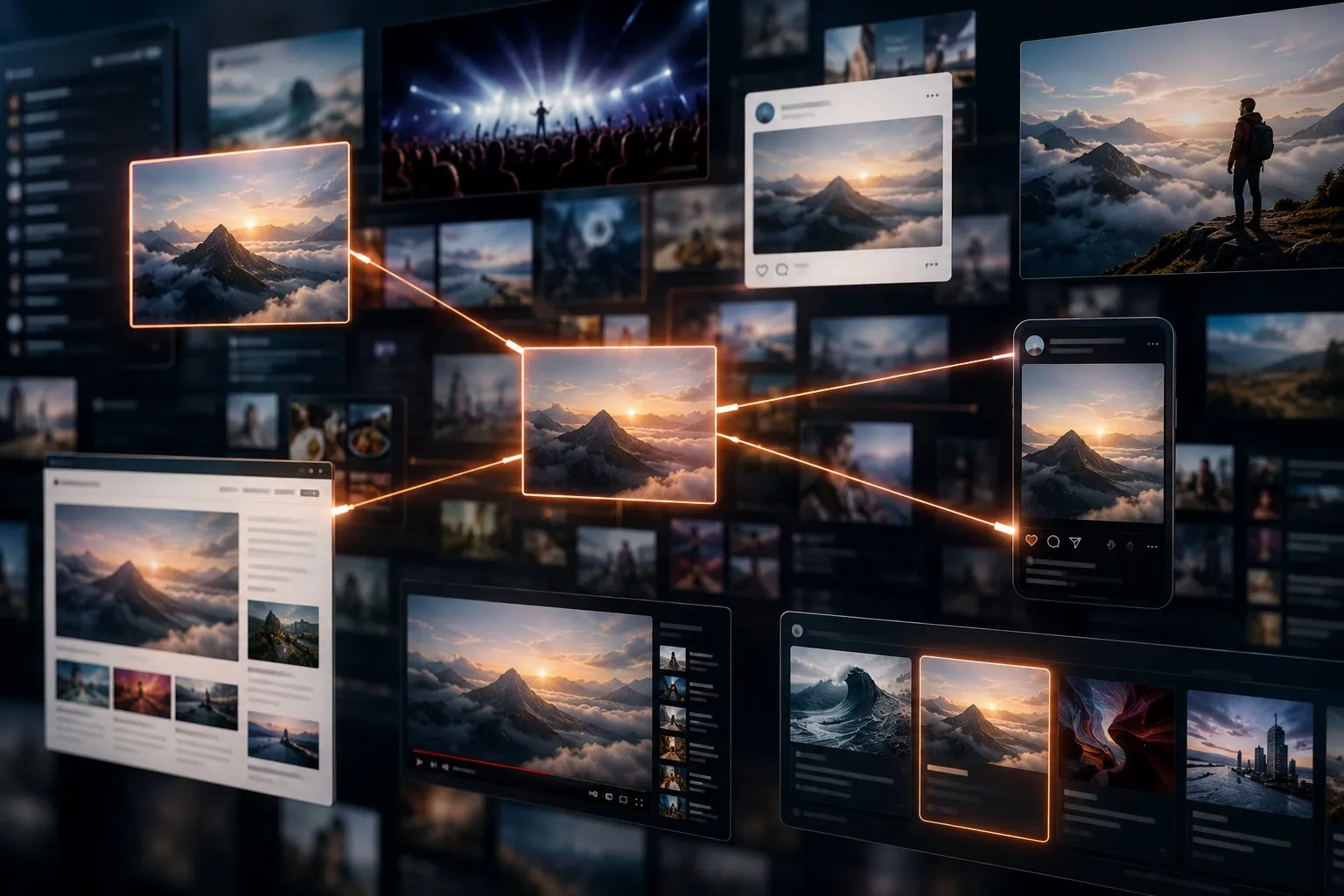Ein zentrales Bildmotiv, von dem leuchtende Linien zu denselben Aufnahmen auf verschiedenen Plattformen führen: Blogbeitrag, Videoplattform, soziales Netzwerk und Telefonbildschirm.