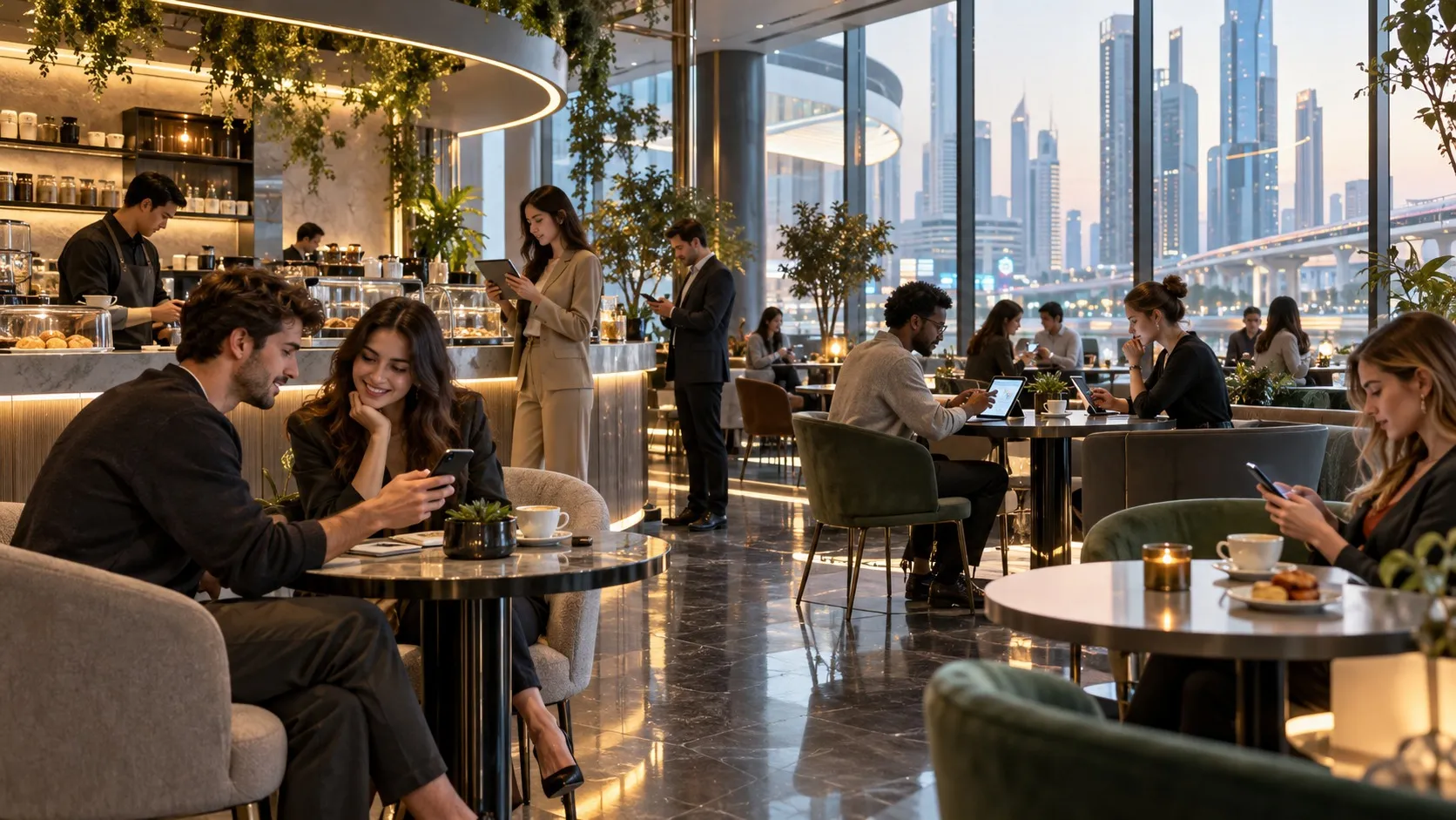 In einem eleganten Café mit großer Fensterfront vor einer abendlichen Hochhauskulisse sitzen Gäste an runden Marmortischen und schauen auf Smartphones und Tablets, während hinter der beleuchteten Theke ein Barista Getränke zubereitet.