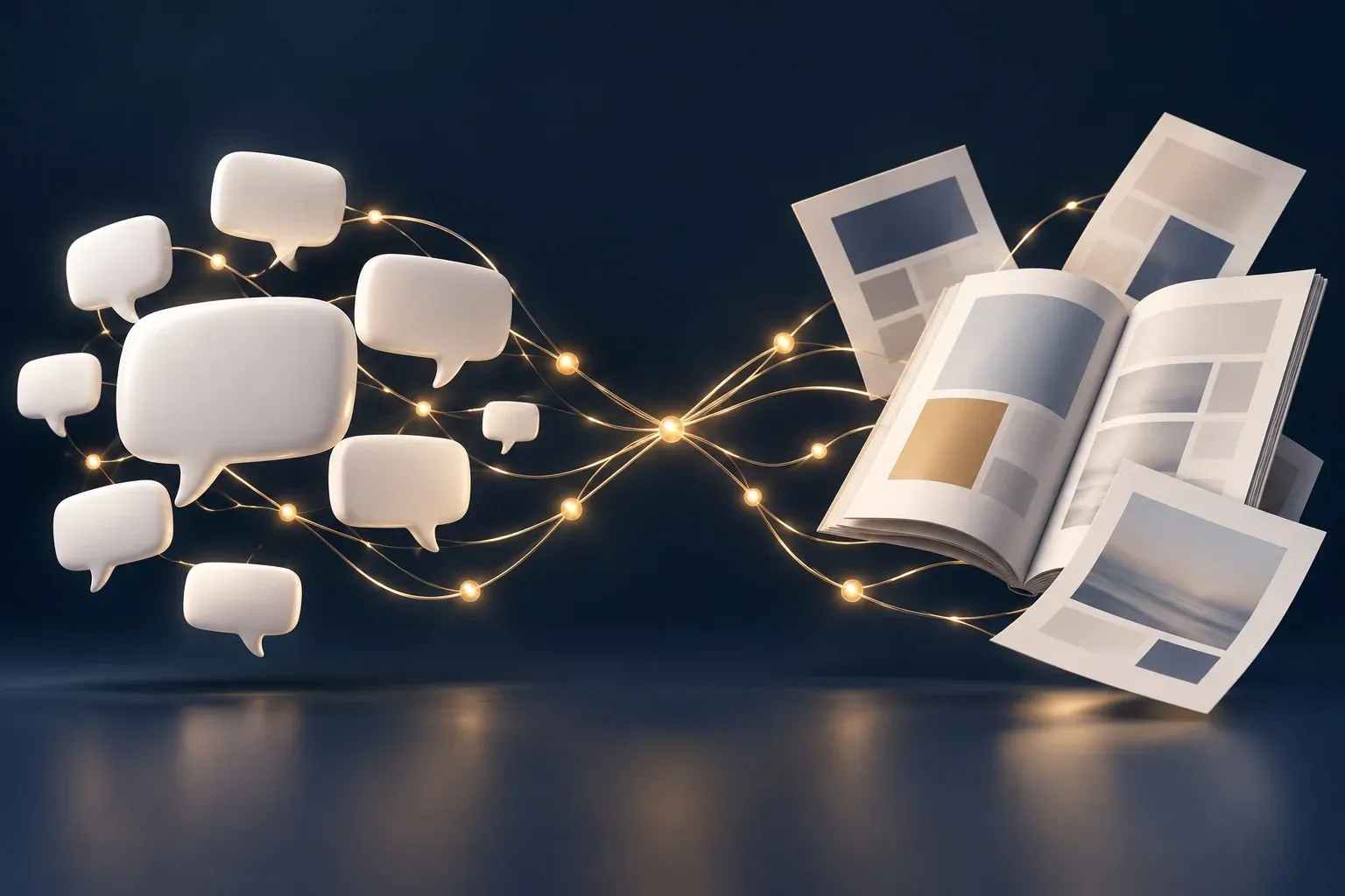 Sprechblasen für Forenlinks und Magazinseiten für Artikelplätze, verbunden durch goldene Linien
