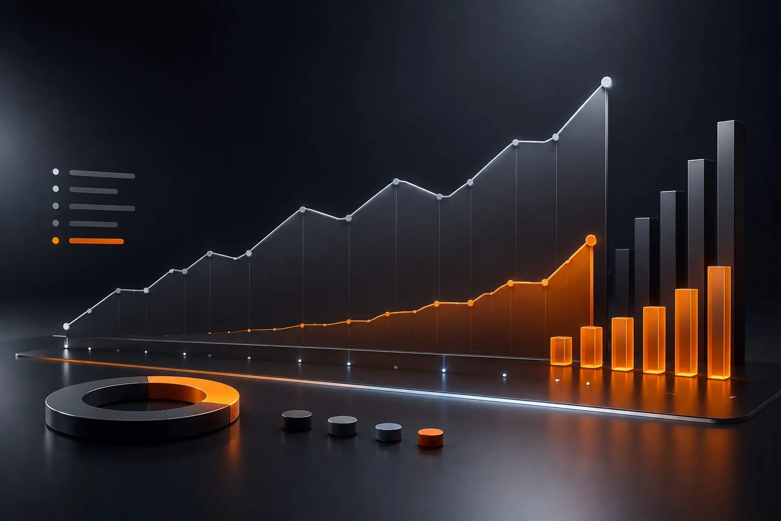 Abstraktes 3D-Diagramm mit ansteigender Linienkurve, Balken und Ringdiagramm in Orange und Anthrazit – Sinnbild für Reporting und Wachstum bei der Neukundengewinnung.