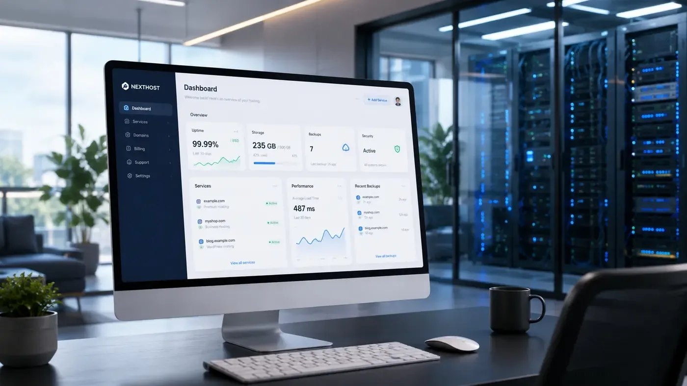 Hosting-Dashboard mit Uptime, Backups, Sicherheit und Ladezeit vor einem Rechenzentrum