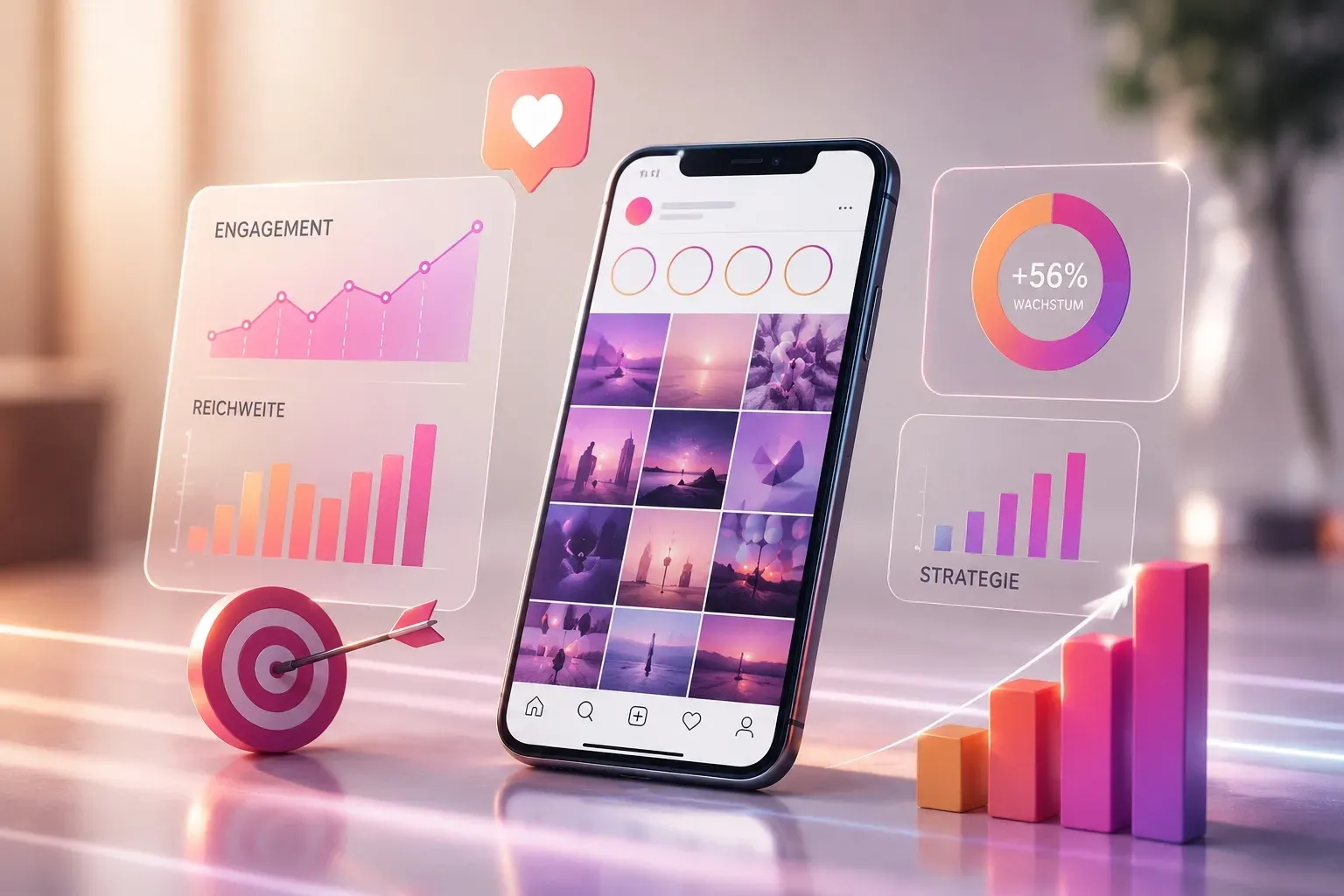 Abstrakte 3D-Darstellung eines Smartphones mit Instagram-ähnlichem Bilder-Feed, umgeben von schwebenden Diagrammen zu Engagement und Reichweite, einer Zielscheibe mit Pfeil und aufsteigenden Wachstumsbalken – Sinnbild für erfolgreiches Instagram-Marketing.