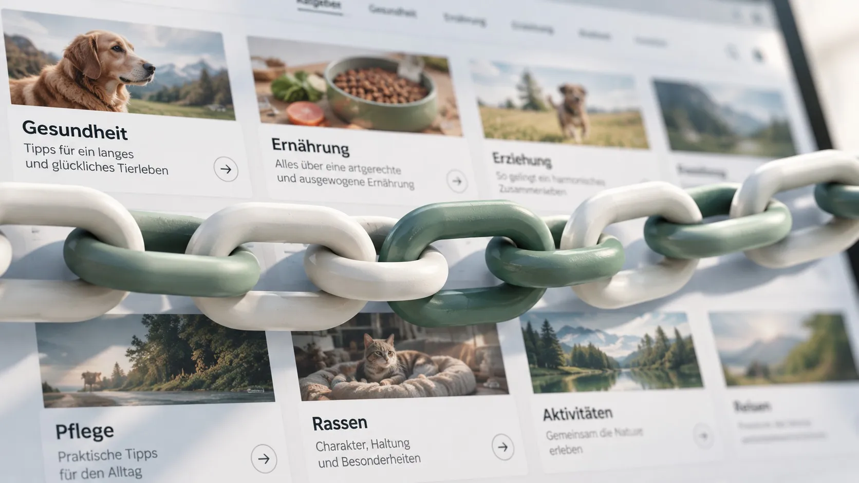 Bildschirm mit einer Ratgeber-Website über Haustiere, deren Kategoriekarten wie Gesundheit, Ernährung, Pflege und Rassen von einer Kette aus weißen und salbeigrünen Gliedern quer miteinander verbunden werden.
