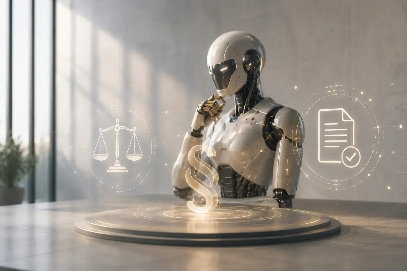 Humanoider Roboter in nachdenklicher Haltung an einem hellen Tisch, davor ein leuchtendes Paragrafenzeichen auf einem runden Podest, flankiert von Symbolen für eine Waage der Gerechtigkeit und ein geprüftes Dokument.