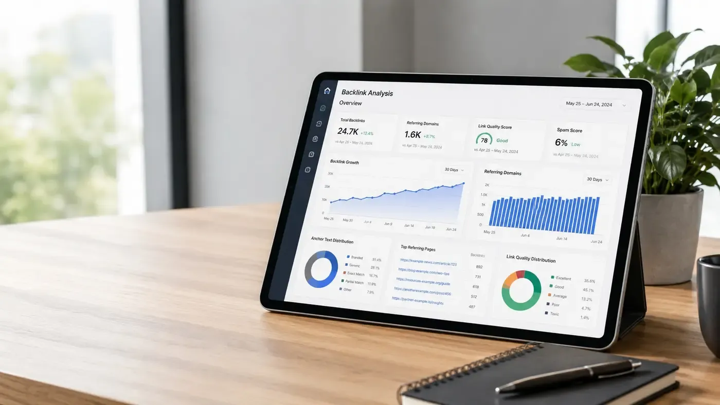 Tablet zeigt ein Backlink-Analyse-Dashboard mit Kennzahlen zum Linkprofil