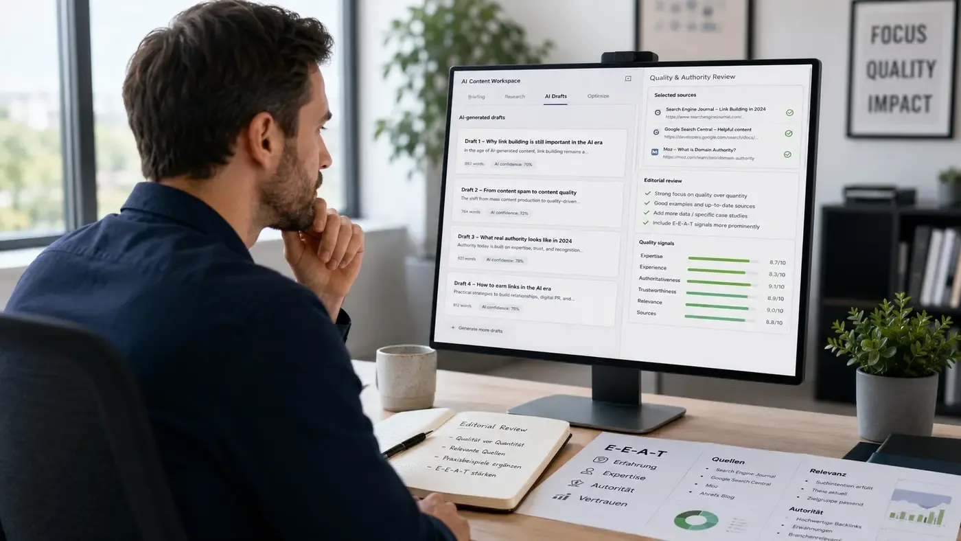 Person prüft KI-generierte Textentwürfe zum Linkaufbau samt Qualitäts- und E-E-A-T-Bewertung