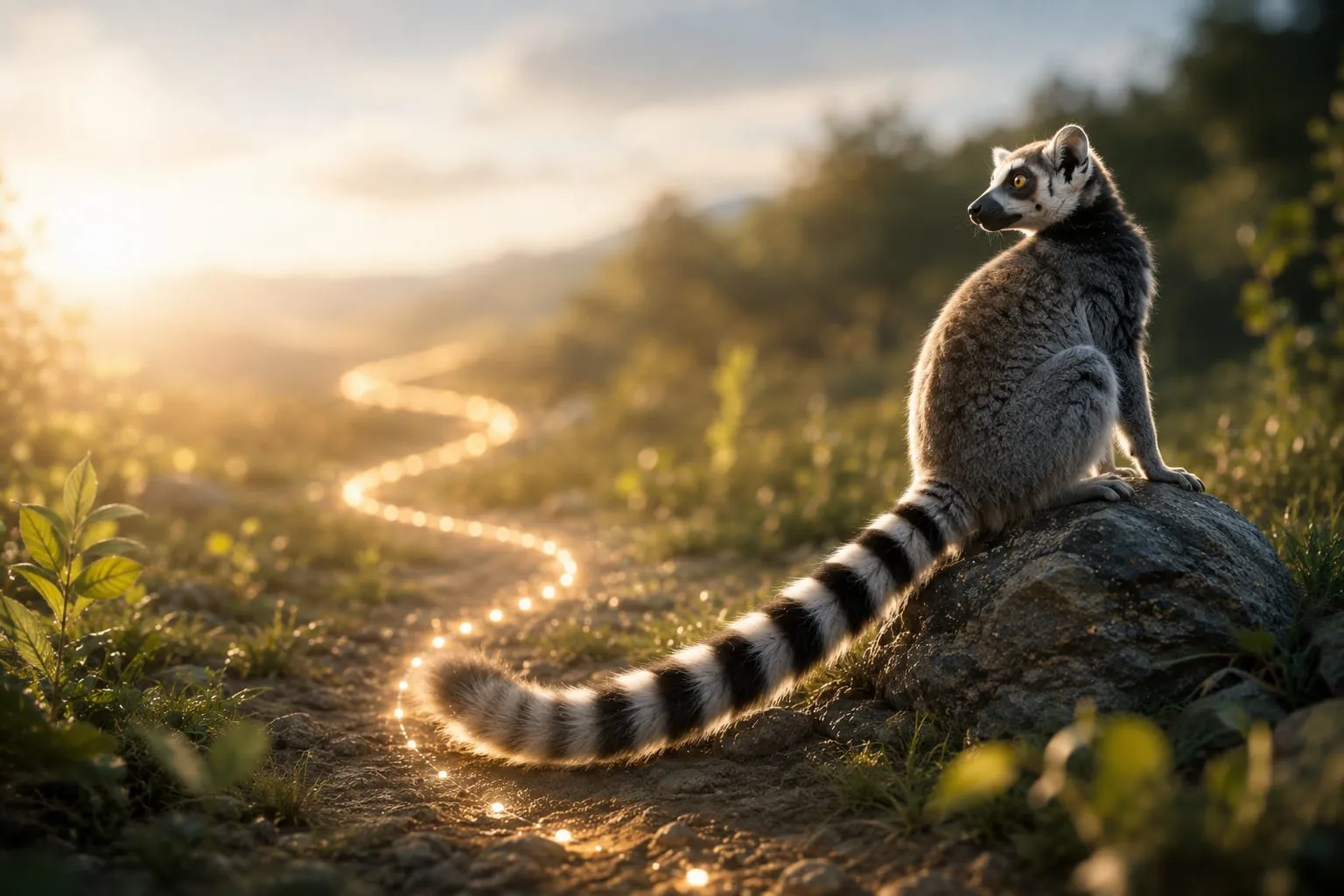 Ein Lemur mit langem, geringeltem Schweif sitzt auf einem Felsen; sein Schweif geht in einen leuchtenden Pfad über, der in die sonnige Landschaft führt – Sinnbild für Long-Tail-Keywords.