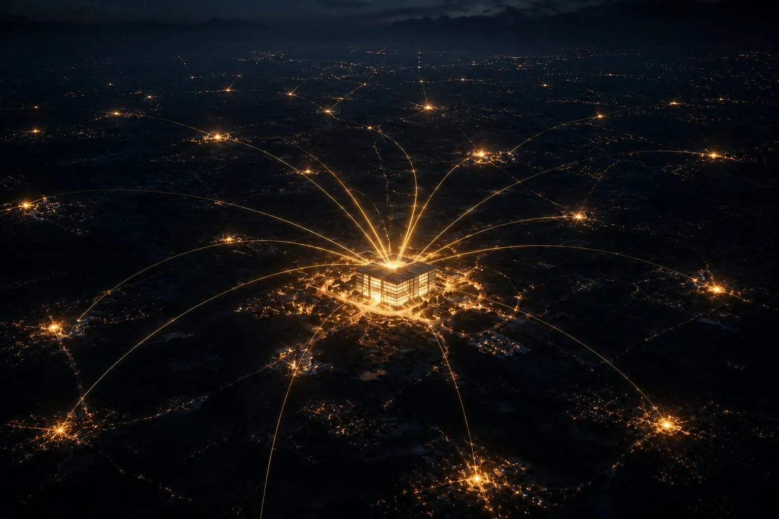 Ein hell erleuchtetes Gebäude, von dem goldene Lichtlinien zu vielen kleineren Lichtpunkten am Horizont führen