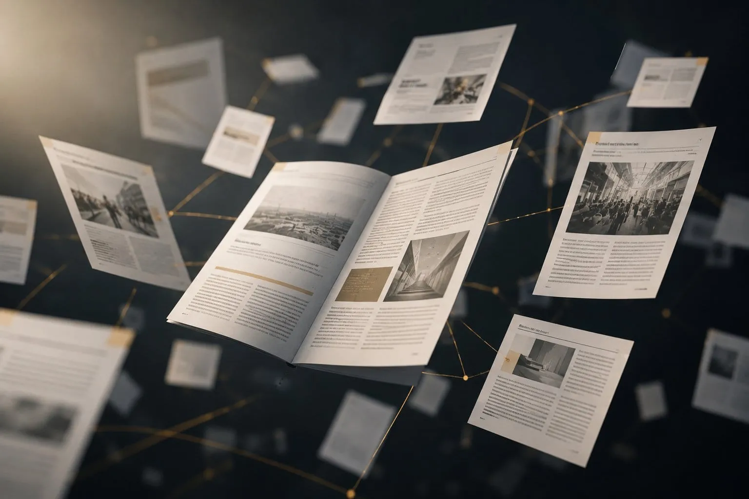 Aufgeschlagenes Magazin und schwebende Zeitungsartikel, die durch ein Netz feiner goldener Linien miteinander verbunden sind.