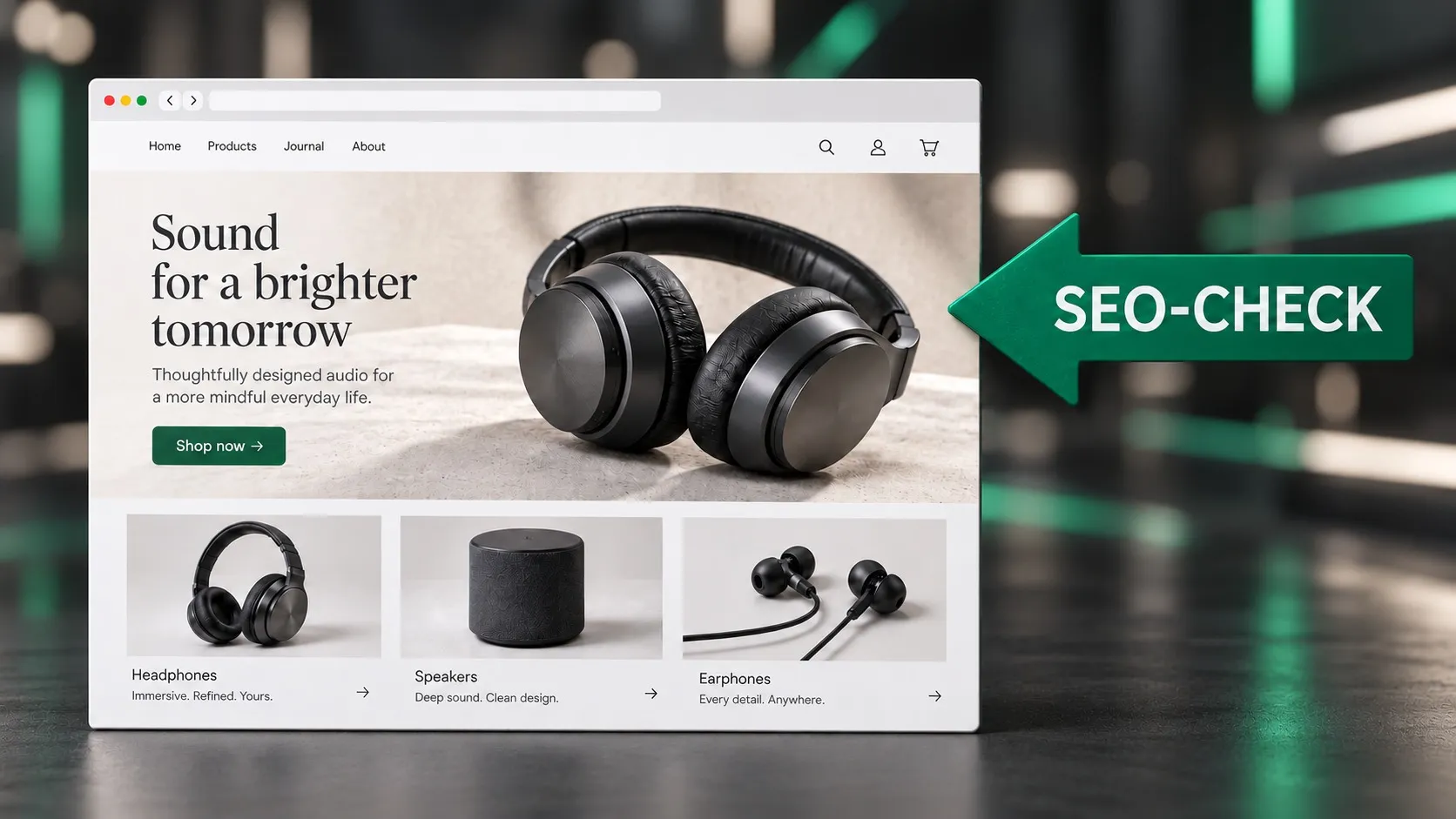 Browserfenster mit der Startseite eines Onlineshops für Kopfhörer, Lautsprecher und Ohrhörer, auf das ein grüner Pfeil mit der Aufschrift SEO-Check zeigt, vor einem unscharfen dunklen Hintergrund mit grünen Lichtstreifen.