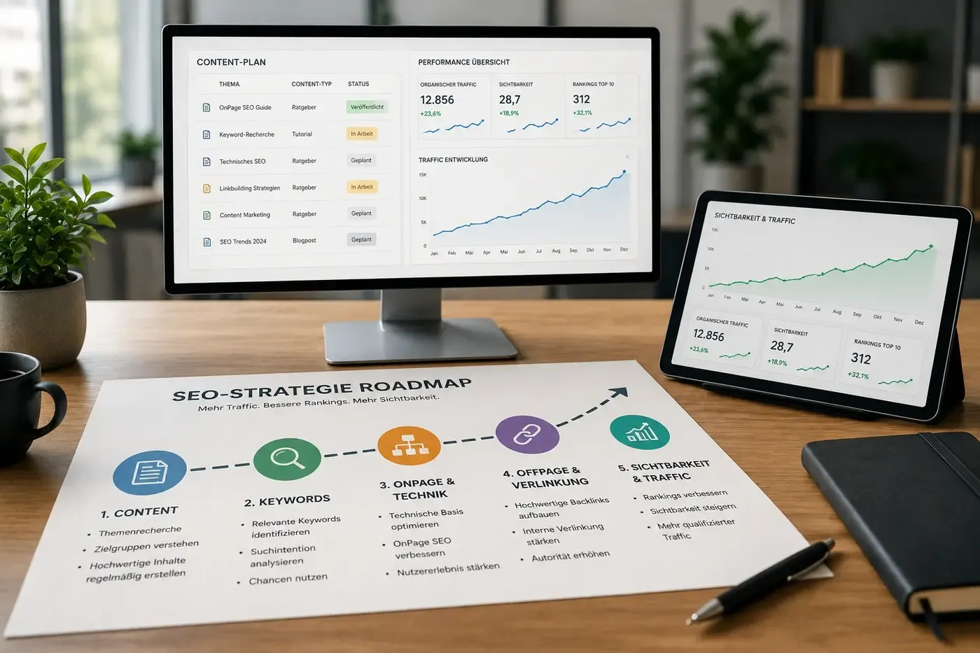 SEO-Strategie-Roadmap und Dashboard mit steigendem organischem Traffic und wachsender Sichtbarkeit