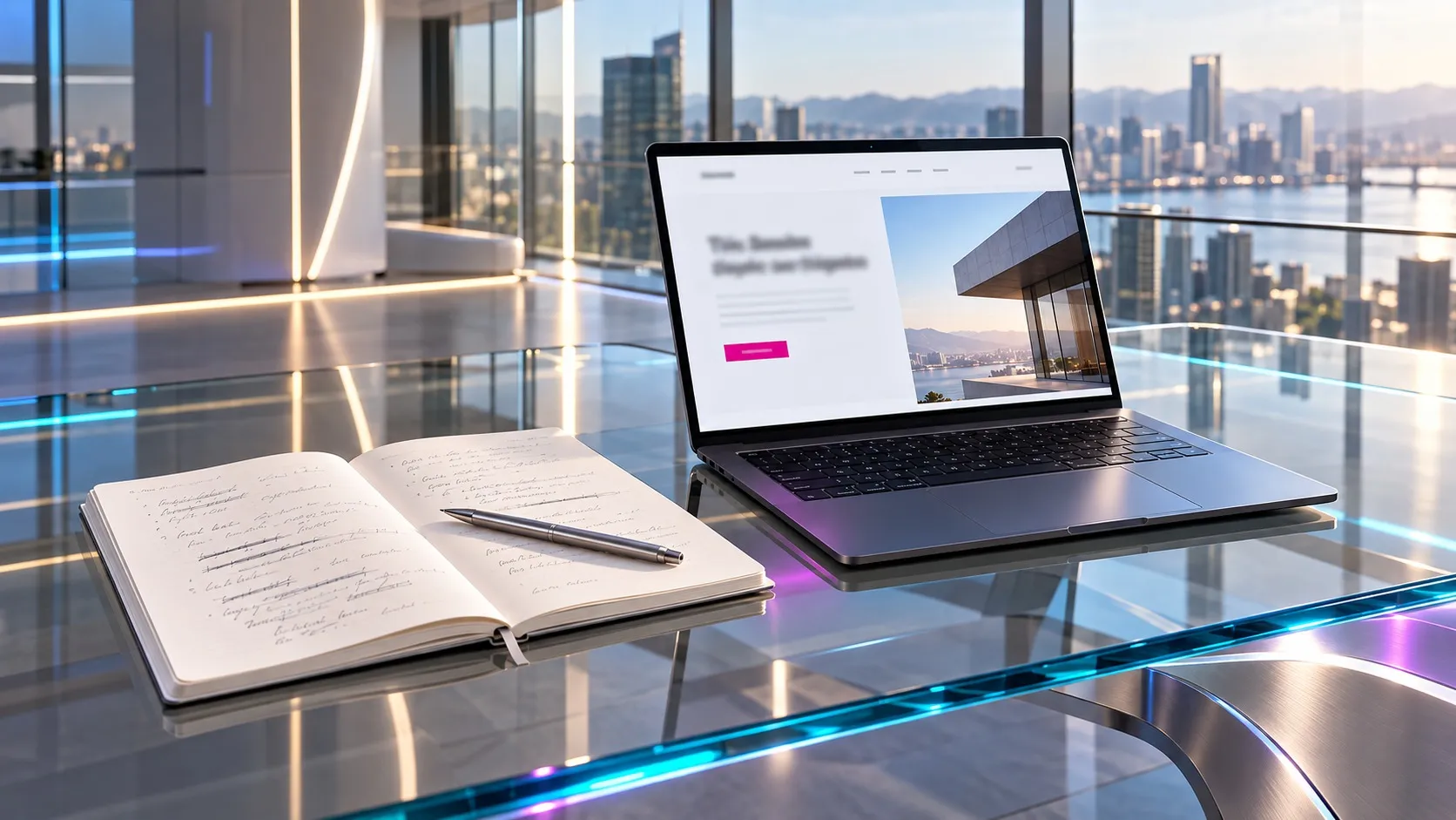 Glastisch in einem hellen Büro mit Blick auf eine Stadt am Wasser, darauf ein aufgeschlagenes Notizbuch mit handschriftlichen Entwürfen und durchgestrichenen Zeilen neben einem Stift sowie ein Laptop, der eine Webseite mit Überschrift, Textzeilen und pinkfarbenem Button zeigt.