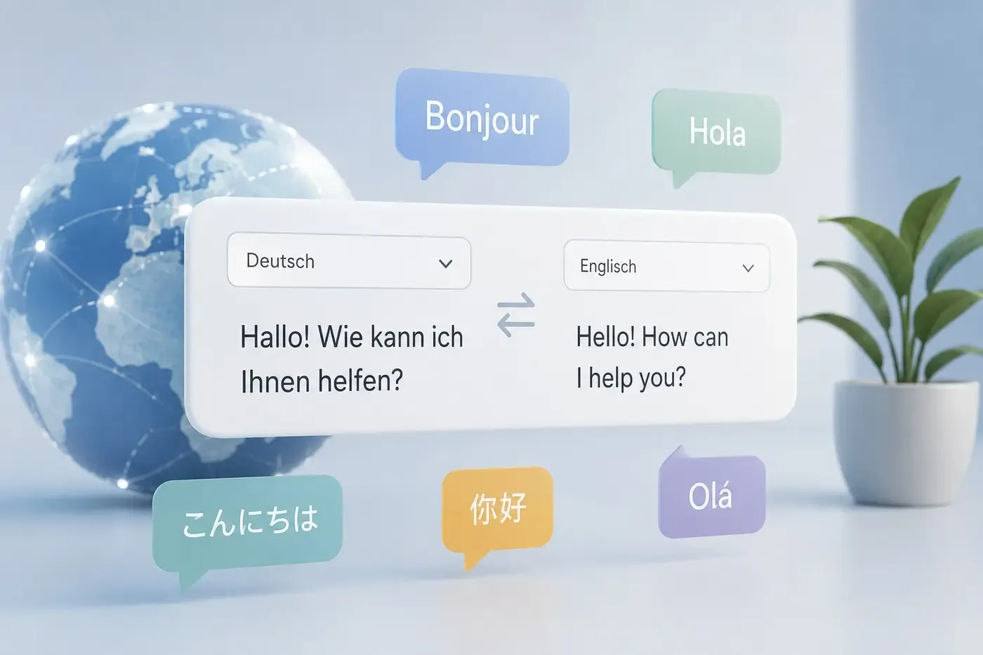 Abstrakte 3D-Darstellung eines Browserfensters, dessen Website in mehrere Sprachversionen aufgefächert wird; darum schweben Sprachkürzel, eine stilisierte Weltkugel und ein Übersetzungssymbol.