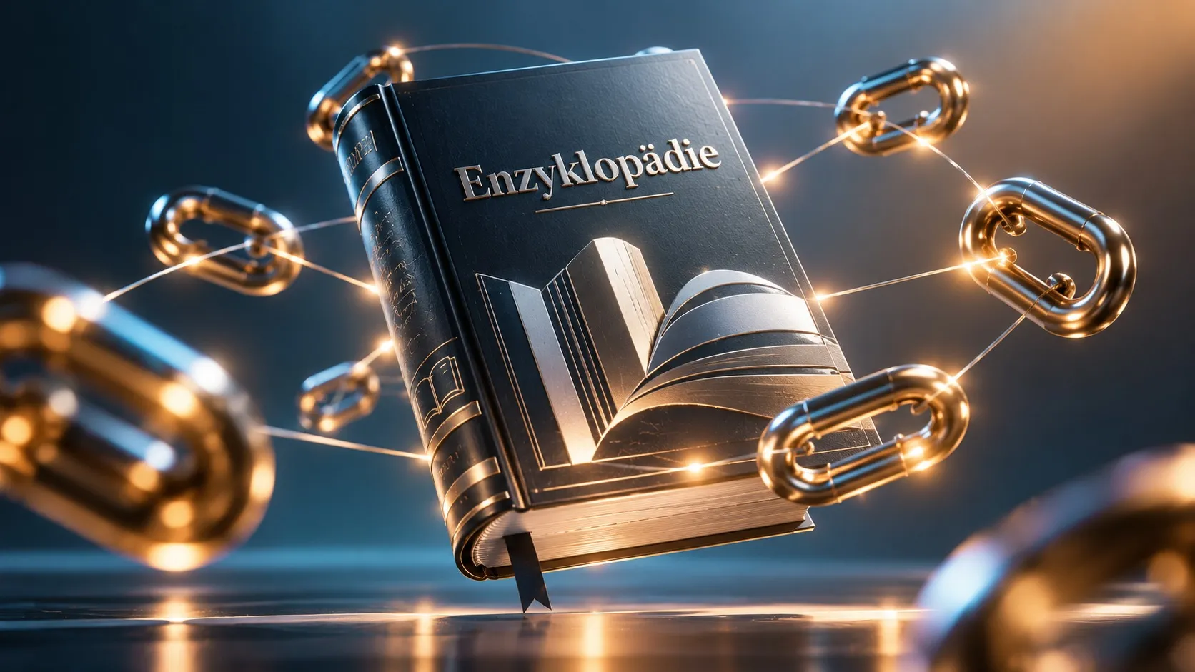 Ein dunkles, in Leder gebundenes Buch mit der Aufschrift Enzyklopädie schwebt vor blauem Hintergrund, umgeben von goldenen Kettengliedern, die über leuchtende Lichtfäden mit dem Buch und untereinander verbunden sind.