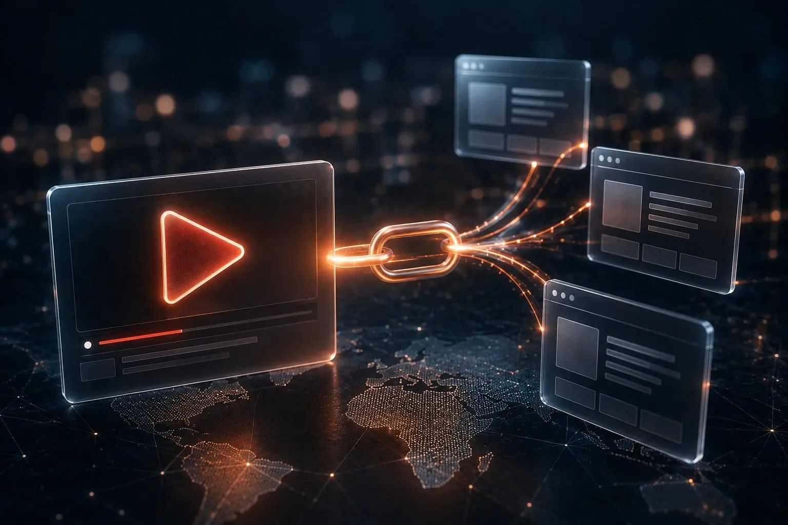Ein Videofenster ist über ein leuchtendes Kettenglied mit mehreren Website-Fenstern verbunden