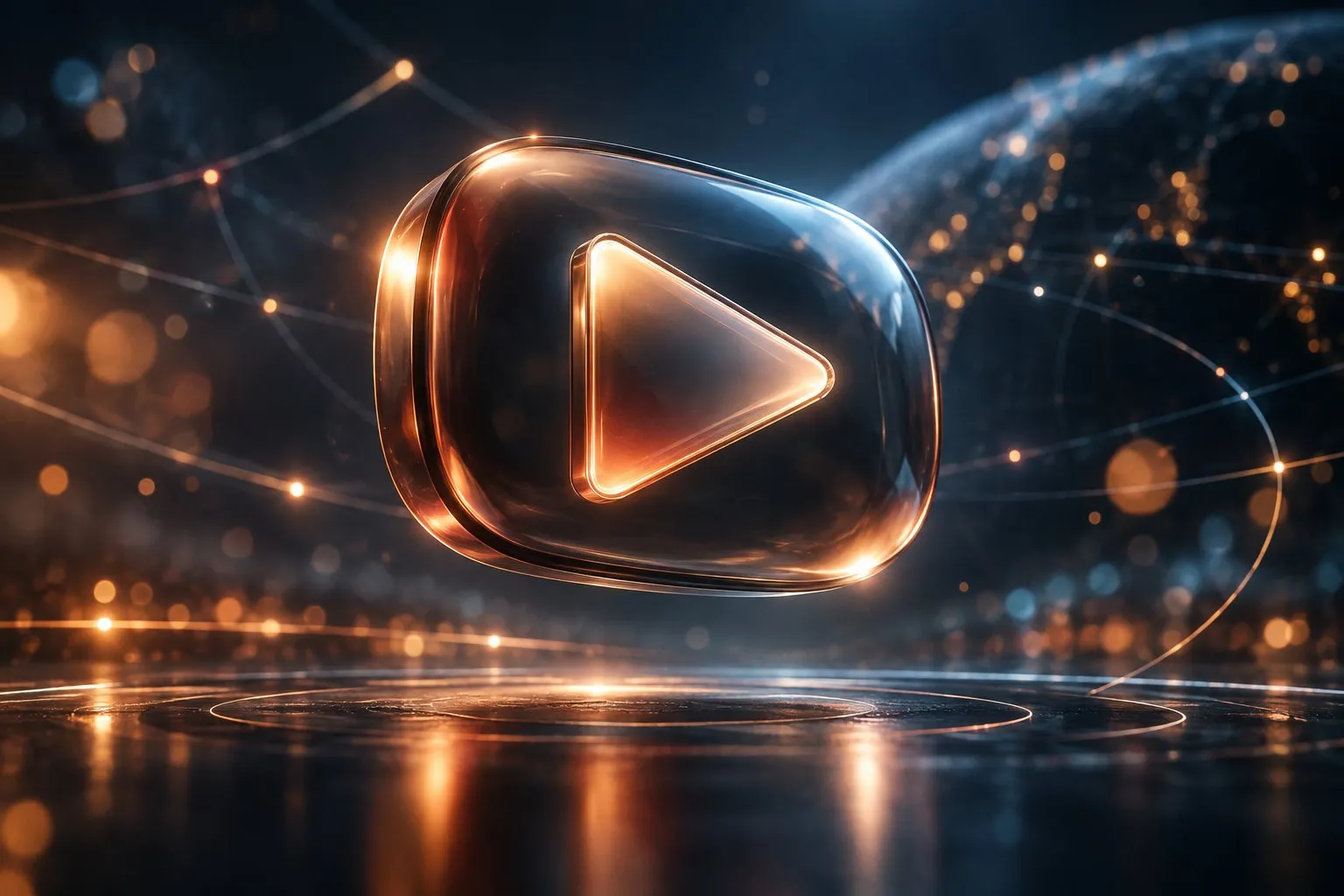 Ein leuchtendes Play-Symbol schwebt über einer dunkelblauen Fläche, umgeben von Lichtpunkten und verbundenen Linien: Sinnbild für YouTube als vernetzte Plattform.