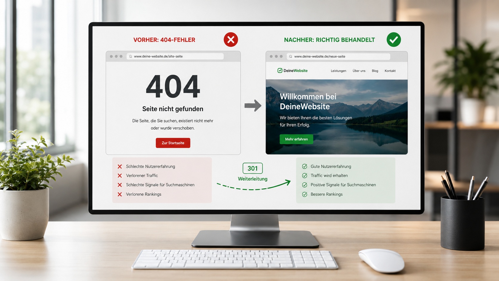Vorher-Nachher-Vergleich: 404-Fehlerseite und die per 301-Weiterleitung richtig behandelte Seite