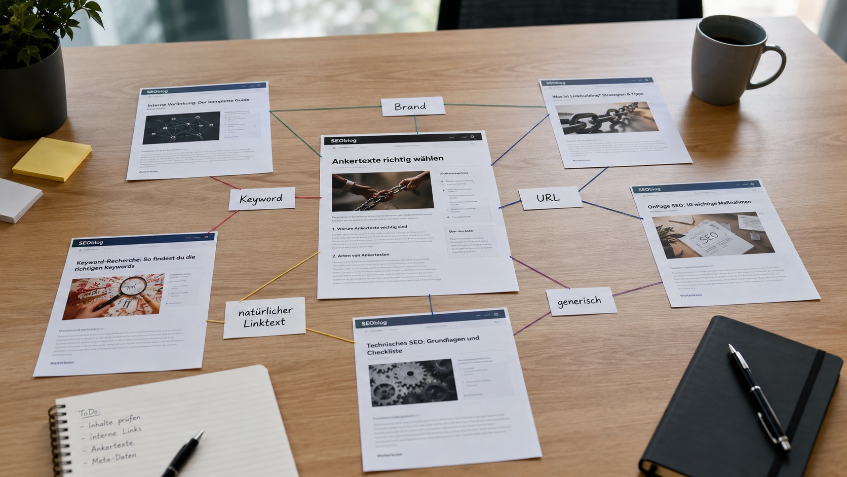 Gedruckte Seiten auf einem Tisch, mit Fäden zu Ankertext-Typen wie Brand, Keyword, URL und generisch verbunden