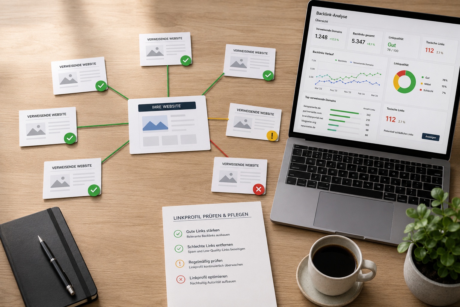 Linkprofil rund um die eigene Website mit guten und schädlichen Verweisen, Backlink-Analyse-Dashboard und Checkliste