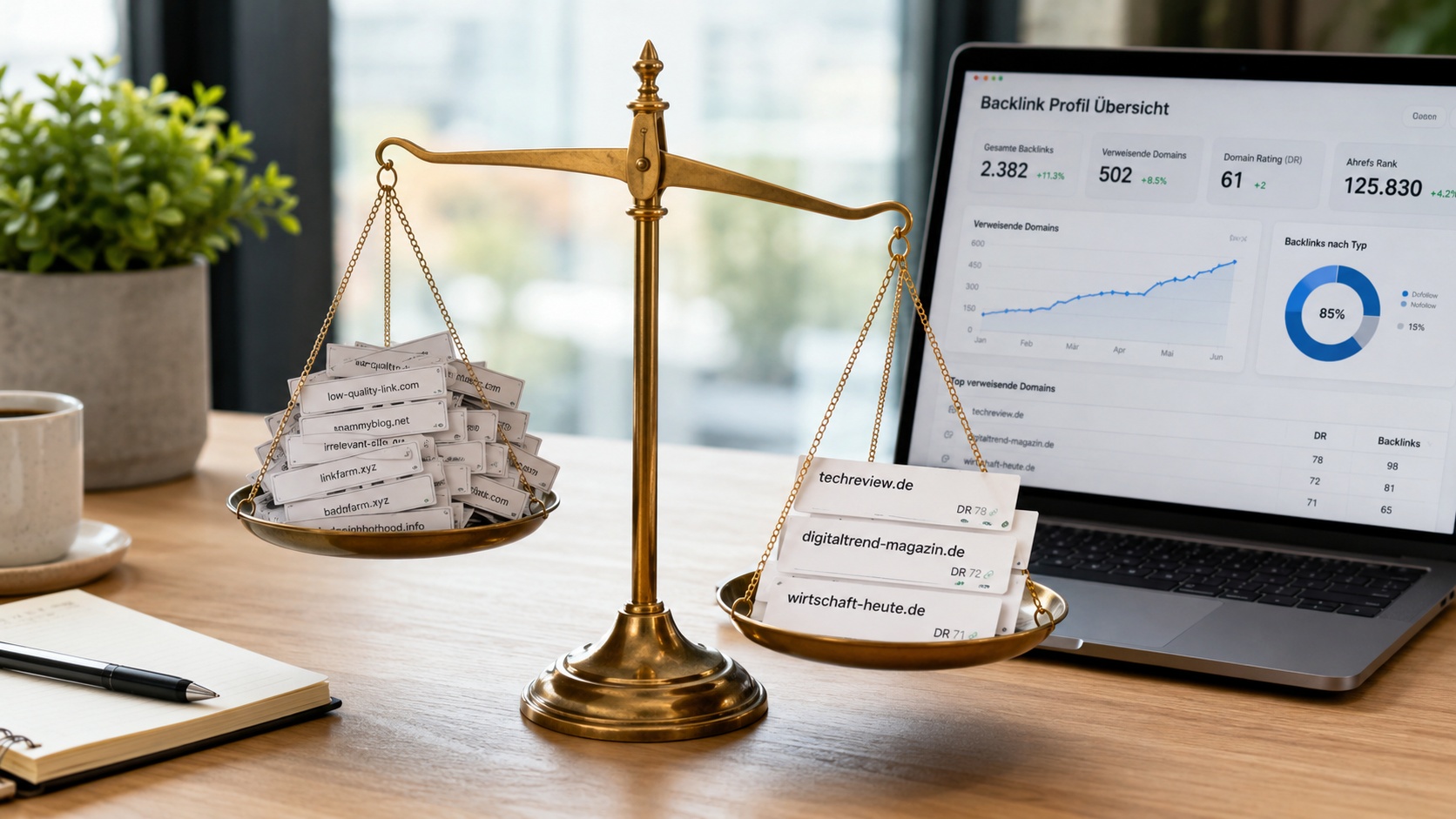 Waage wiegt viele minderwertige Backlinks gegen wenige hochwertige Links ab, daneben ein Backlink-Profil-Dashboard