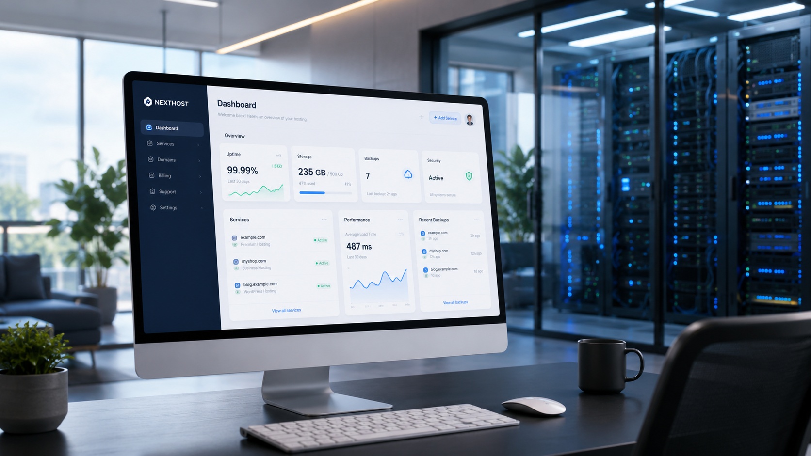 Hosting-Dashboard mit Uptime, Backups, Sicherheit und Ladezeit vor einem Rechenzentrum